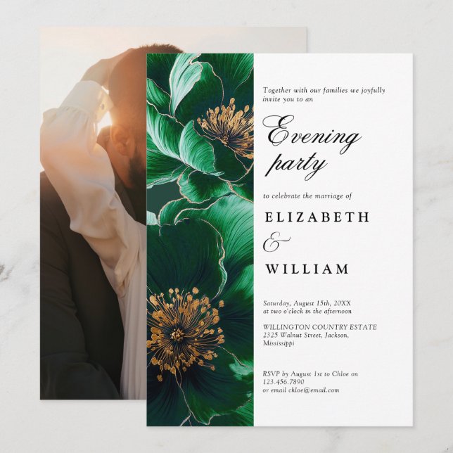 Emerald Green Floral Wedding Evening Party Photo Invitation (Front/Back)