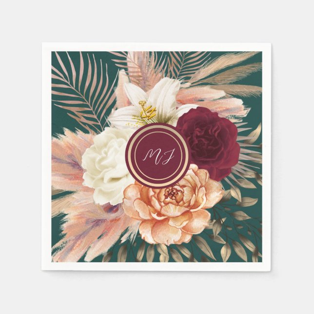 Emerald Green Floral Wedding Napkins (Front)