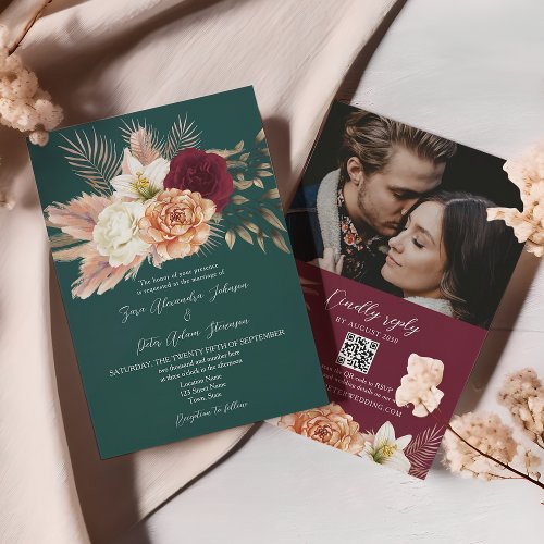 Emerald Green Floral Wedding QR Code Invitation