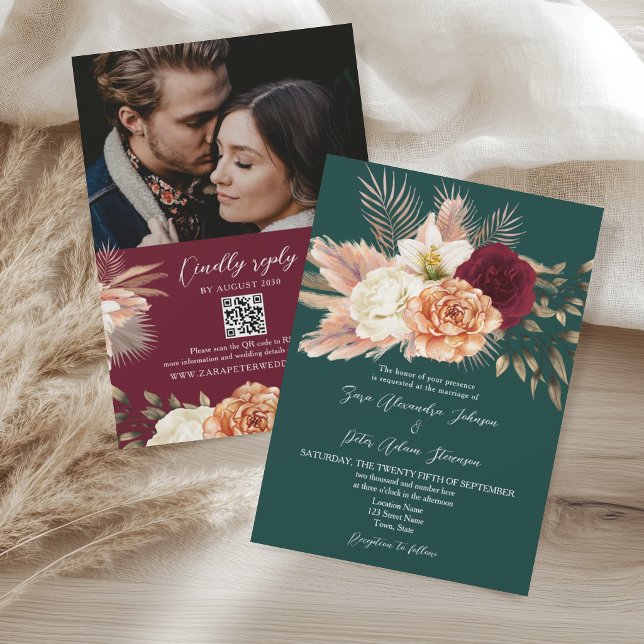 Emerald Green Floral Wedding QR Code Invite (Creator Uploaded)