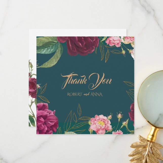  Emerald Green Floral Wedding Thank You Card (Front/Back In Situ)