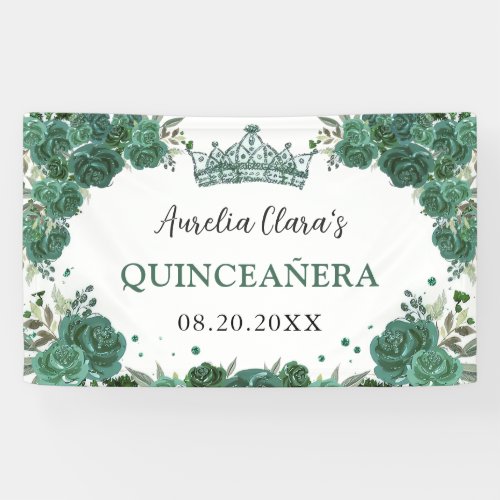 Emerald Green Floral Welcome Quinceaera Backdrop Banner