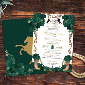 Emerald Green Floral Western Charra Quinceanera Invitation
