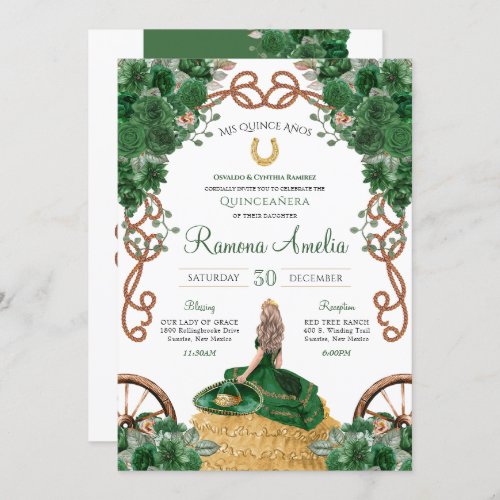 Emerald Green Floral Western Charra Quinceaera  Invitation