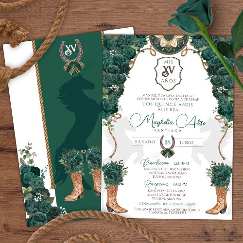 Emerald Green Floral Western Charro Quinceaera Invitation