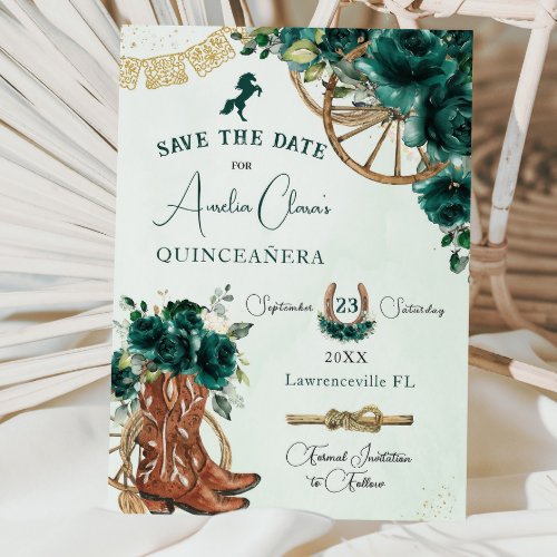 Emerald Green Floral Wild West Charro Quinceaera  Save The Date