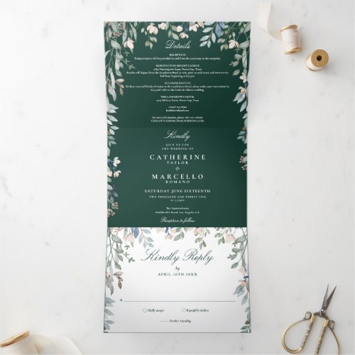 Emerald Green Floral Wildflowers Photo Wedding Tri_Fold Invitation