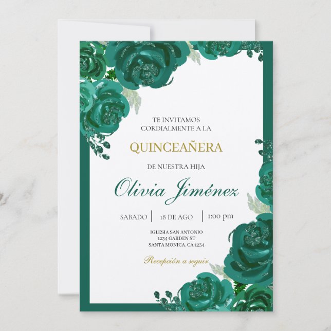 Emerald green flower quinceañera  invitation (Front)
