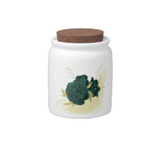 emerald green flowers and gold leaves candy jar