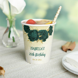 emerald green flowers and gold leaves paper cups