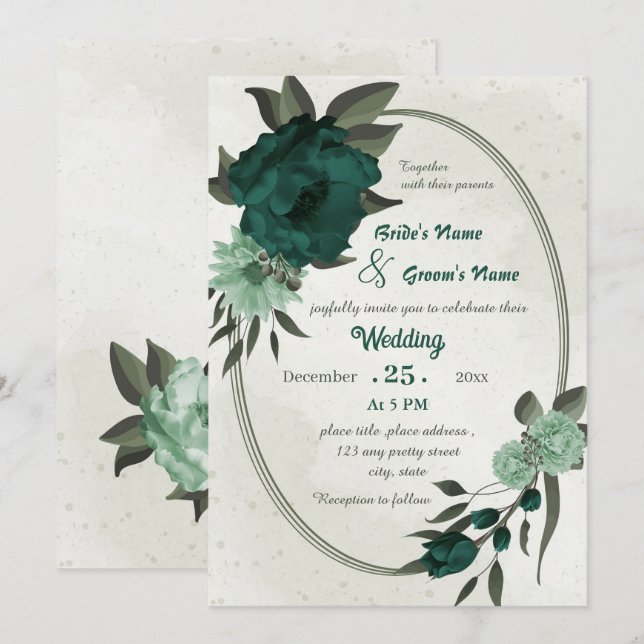 emerald green flowers botanical geometric wedding  invitation (Front/Back)