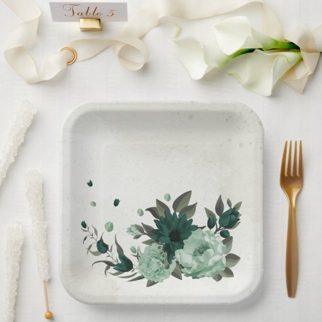 emerald green flowers botanical paper plates (Wedding)