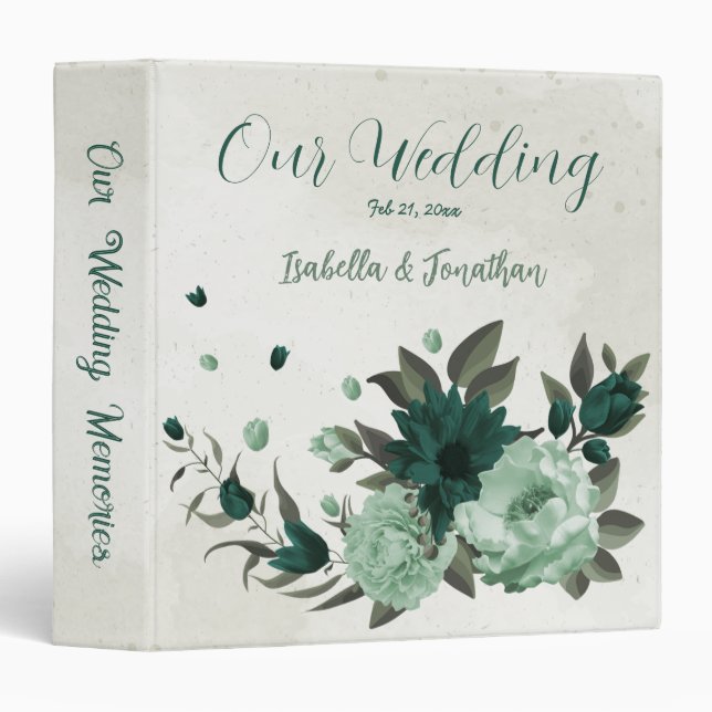 emerald green flowers botanical wedding album 3 ring binder (Front/Spine)