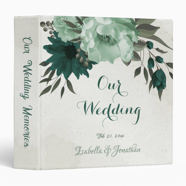 emerald green flowers botanical wedding album 3 ring binder (Front/Spine)