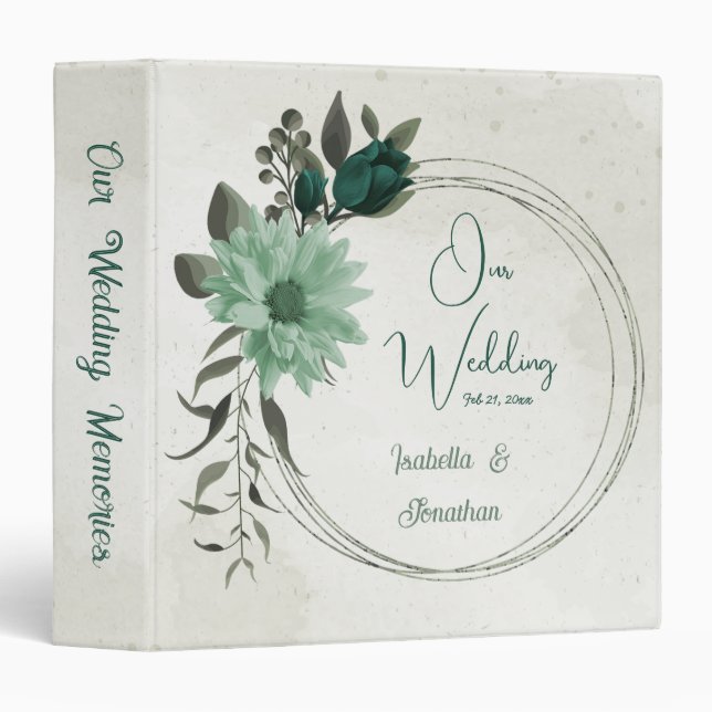 emerald green flowers botanical wedding album 3 ring binder (Front/Spine)