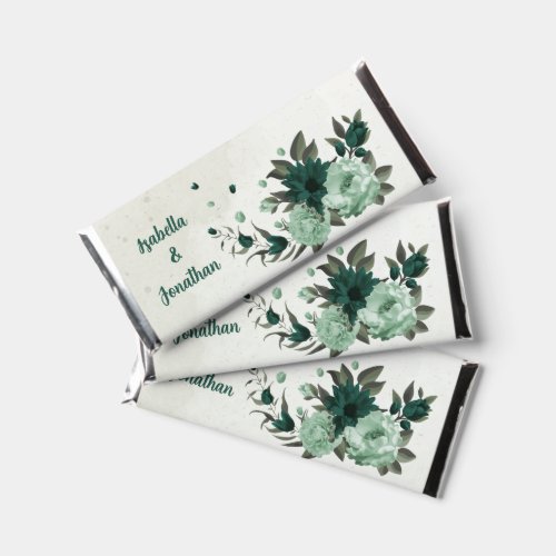 emerald green flowers botanical wedding  hershey bar favors