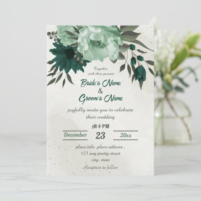 emerald green flowers botanical wedding  invitation (Standing Front)