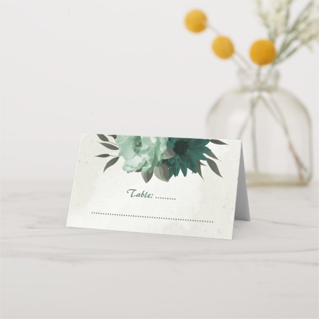 emerald green flowers botanical wedding  place card (Front)