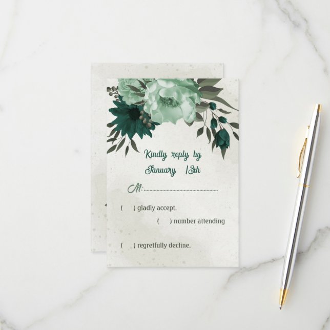 emerald green flowers botanical wedding  RSVP card (Front/Back In Situ)