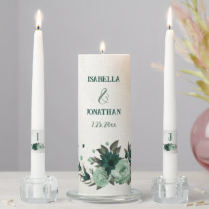 emerald green flowers botanical wedding unity candle set