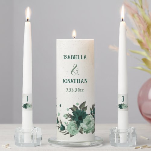 emerald green flowers botanical wedding  unity candle set