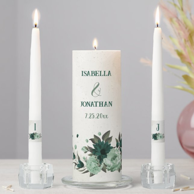 emerald green flowers botanical wedding  unity candle set (In Situ)