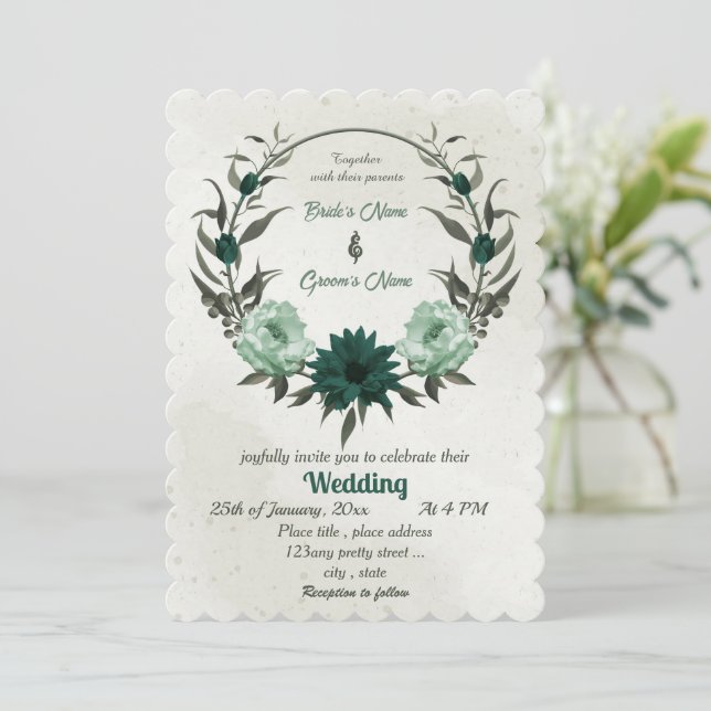emerald green flowers botanical wreath wedding  invitation (Standing Front)