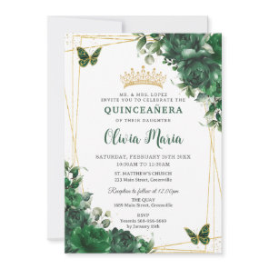 Emerald Green Flowers Floral Quinceañera Butterfly Invitation