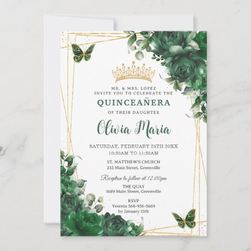 Emerald Green Flowers Floral Quinceaera Butterfly Invitation