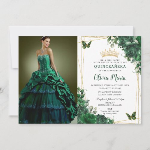 Emerald Green Flowers Floral Quinceaera Picture Invitation