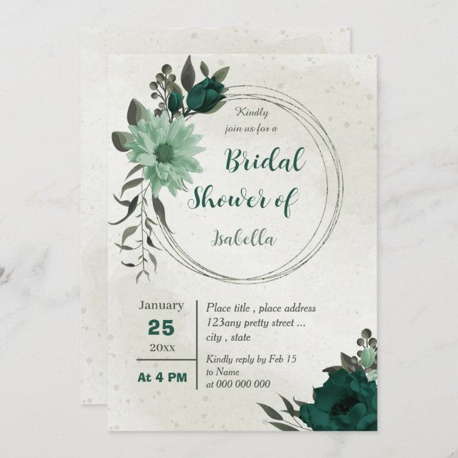 emerald green flowers geometric bridal shower invitation (Front/Back)