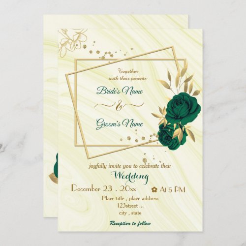 emerald green flowers gold geometric wedding invitation