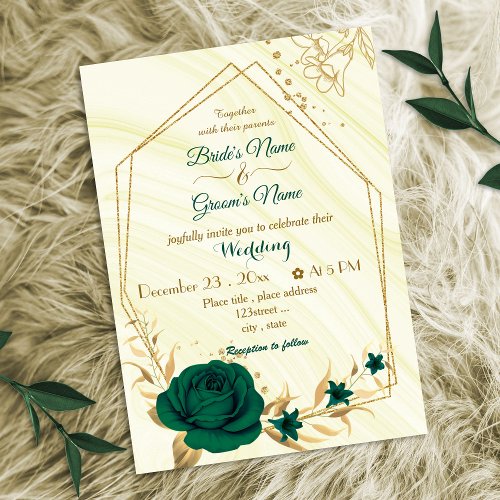 emerald green flowers gold geometric wedding invitation