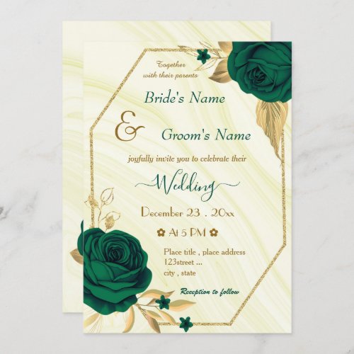 emerald green flowers gold geometric wedding invitation