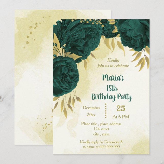 Emerald green flowers gold leaves birthday  invitation (Front/Back)