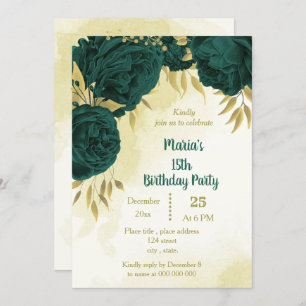 Emerald green flowers gold leaves birthday invitation