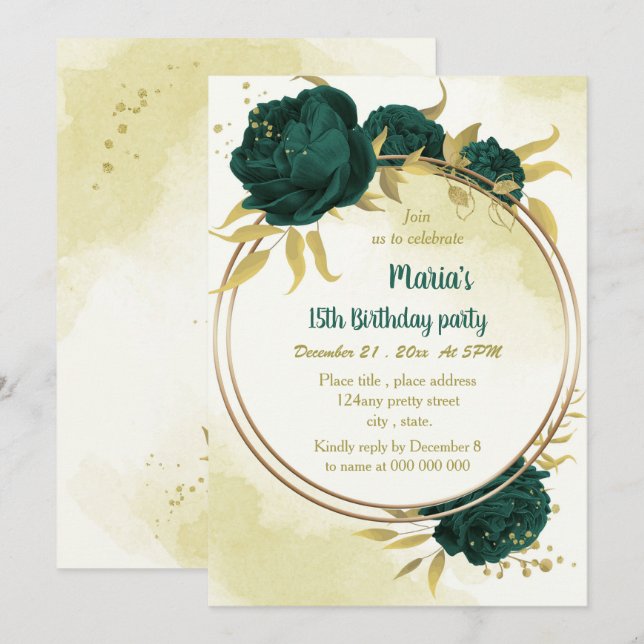 Emerald green flowers gold leaves birthday  invitation (Front/Back)