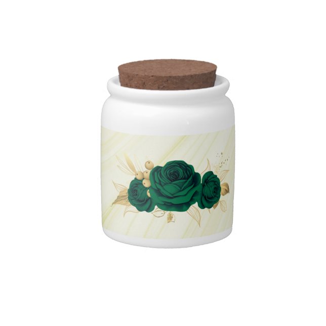 emerald green flowers gold leaves marble candy jar (Front)