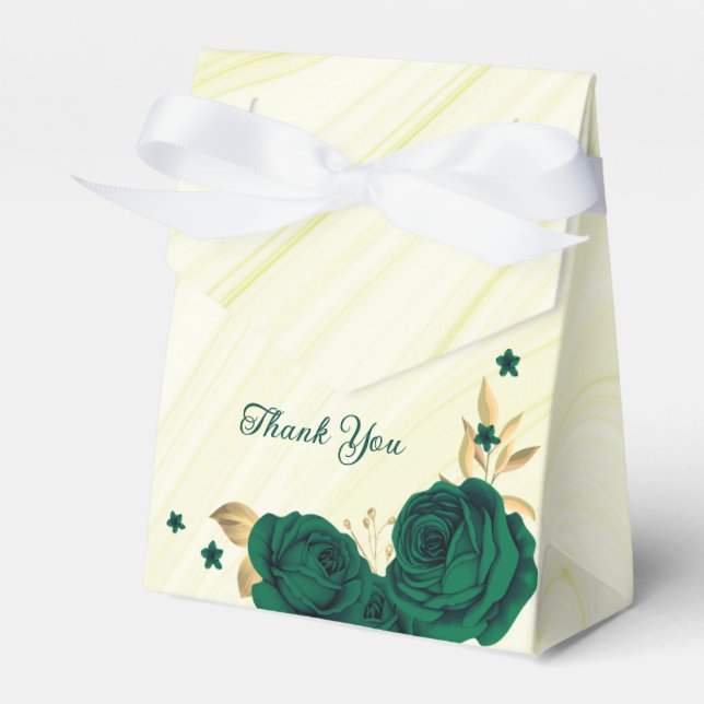 emerald green flowers gold leaves marble favor boxes (Front Side)