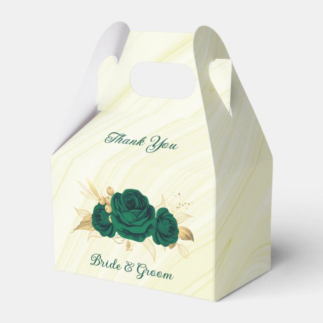 emerald green flowers gold leaves marble favor boxes (Front Side)