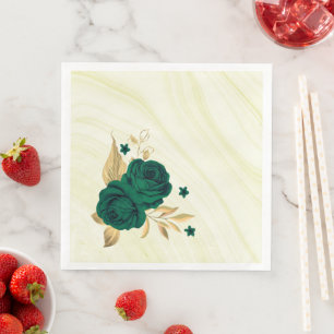 emerald green flowers gold leaves marble paper dinner napkins