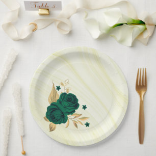emerald green flowers gold leaves marble paper plates