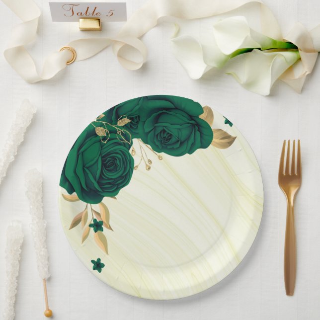 emerald green flowers gold leaves marble paper plates (Wedding)