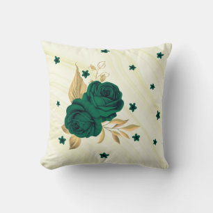 emerald green flowers gold leaves marble throw pillow