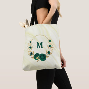 emerald green flowers gold leaves marble tote bag