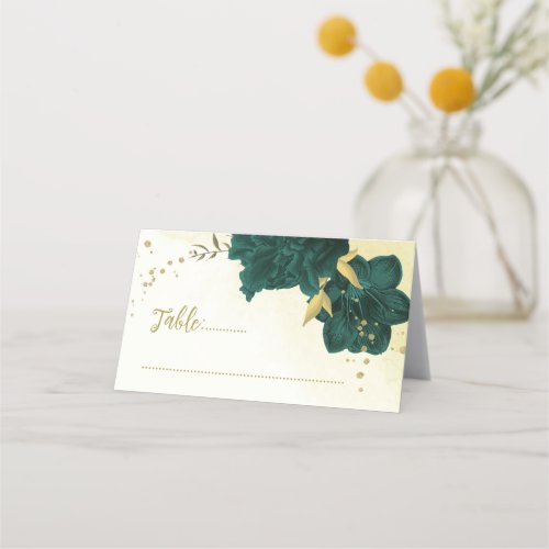 Emerald green flowers gold leaves place card