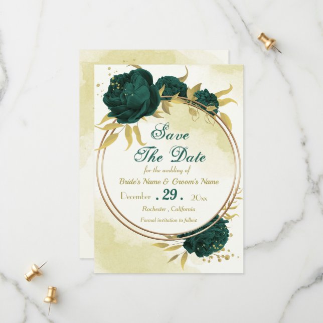 Emerald green flowers gold leaves save the date (Front/Back In Situ)