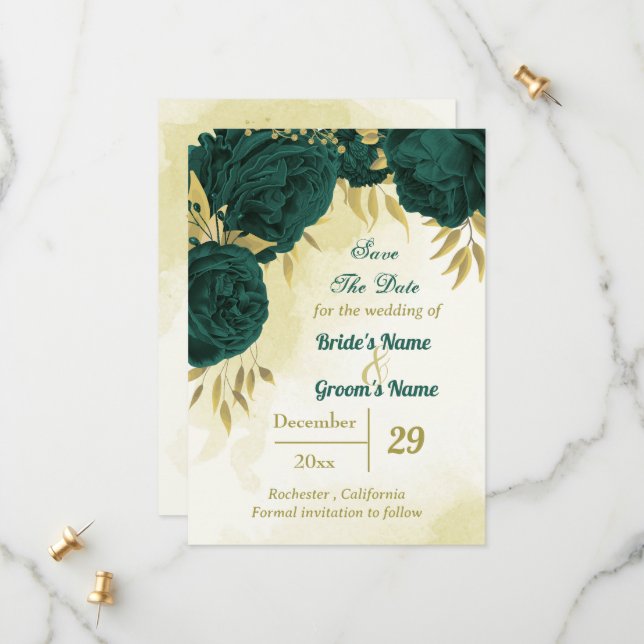 Emerald green flowers gold leaves save the date (Front/Back In Situ)