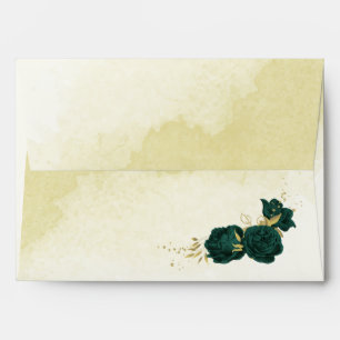 Emerald green flowers gold leaves wedding envelope