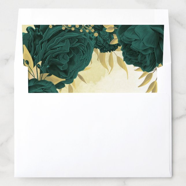 Emerald green flowers gold leaves wedding envelope liner (In Envelope)